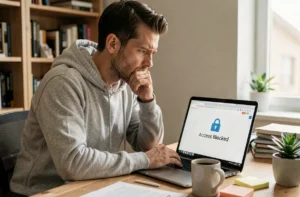 Homme frustré devant un message d'erreur d'accès bloqué sur son ordinateur portable à la maison