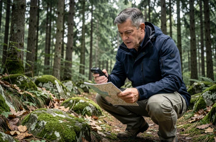 Homme adulte pratiquant la géocache en forêt avec GPS et carte, activité de plein air ludique et innovante