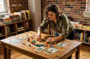 Femme jouant à un jeu de société coloré sur une table en bois dans un appartement cosy avec murs en briques apparentes