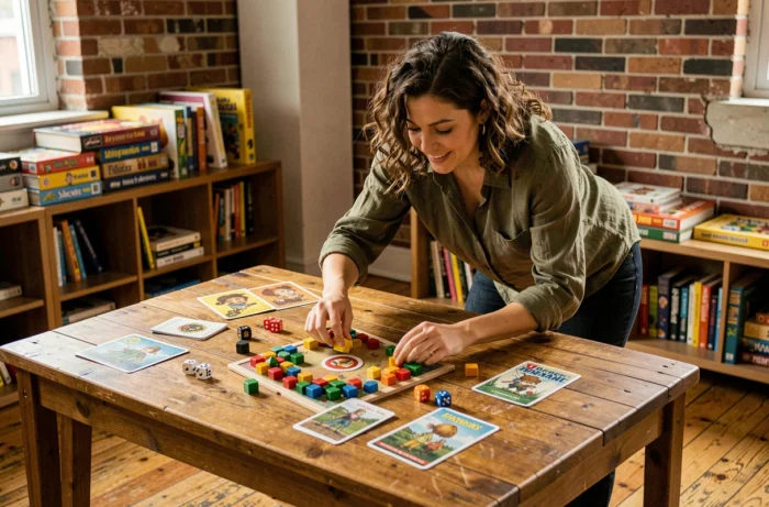Femme jouant à un jeu de société coloré sur une table en bois dans un appartement cosy avec murs en briques apparentes