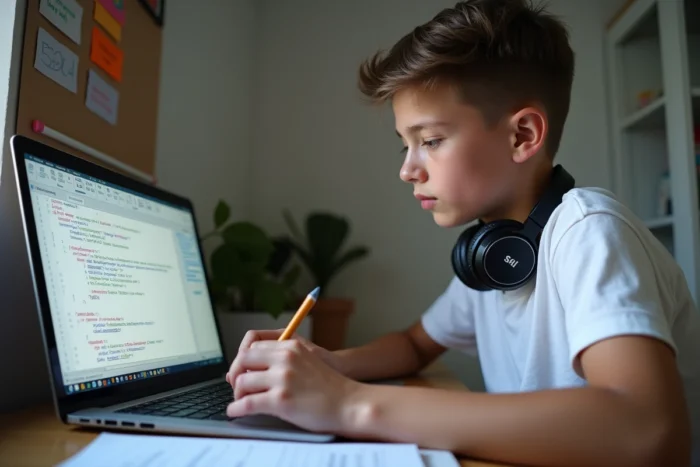 Adolescent étudiant les requêtes SQL sur Access dans sa chambre avec un manuel de base de données et des fiches de révision épinglées au mur