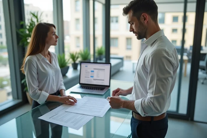 Agent immobilier et client consultant des documents et une plateforme d'assurance dans une agence moderne