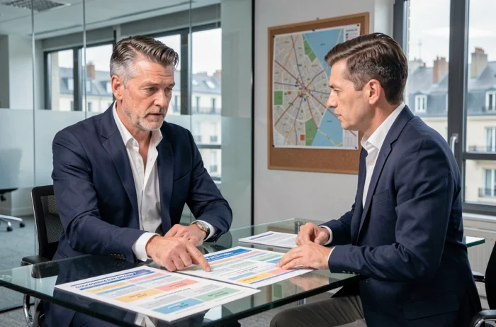 Agent immobilier présentant un tableau des prix des loyers à Lyon à un client dans une agence moderne