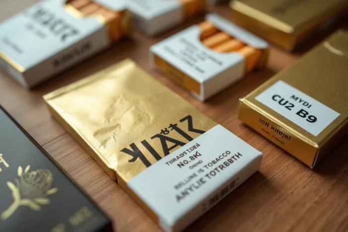 Vue en plat posé de différentes alternatives aux cigarettes classiques sur une surface en bois, incluant des sachets de nicotine et du tabac à rouler
