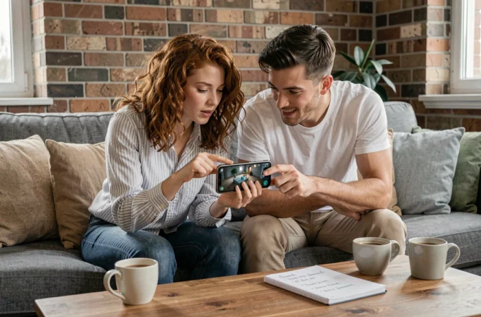 Deux amis collaborant pour trouver les réponses aux niveaux de Rooms and Exits sur smartphone