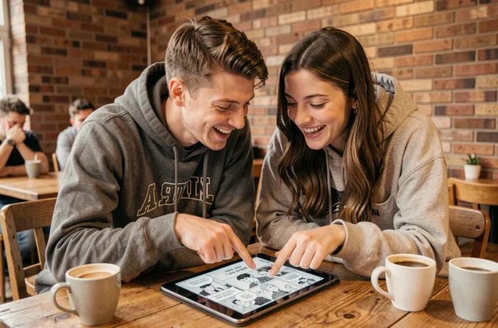Deux amis partageant et commentant le scan One Piece en français sur une tablette dans un café