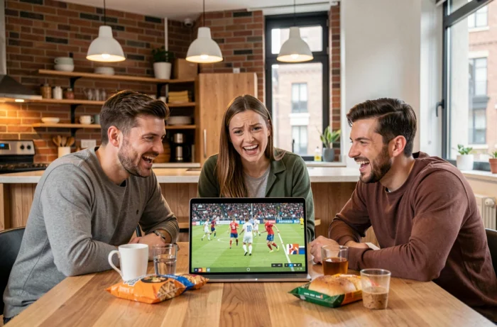 Groupe d'amis regardant un match de football en streaming sur un ordinateur portable autour d'une table