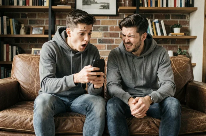 Deux amis stupéfaits regardant un téléphone dans un salon, évoquant la réaction face à une grosse dépense imprévue