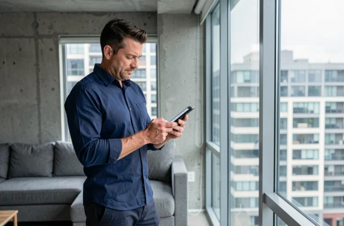 Propriétaire consultant l'application My Foncia sur smartphone pour gérer son appartement à distance