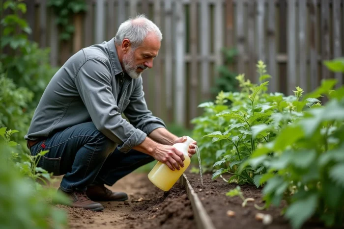 Homme appliquant du purin d'ail en spray sur des plants de légumes dans un potager maison