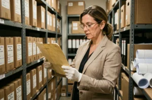 Archiviste professionnelle examinant des documents anciens dans une salle d'archives organisée avec des étagères métalliques et des boîtes de conservation