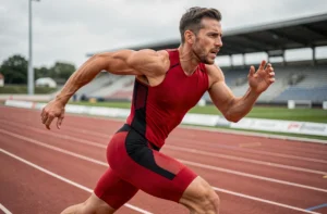 Athlète masculin en plein sprint sur piste d'athlétisme illustrant les limites de vitesse du corps humain