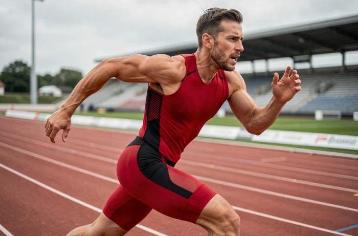Athlète masculin en plein sprint sur piste d'athlétisme illustrant les limites de vitesse du corps humain