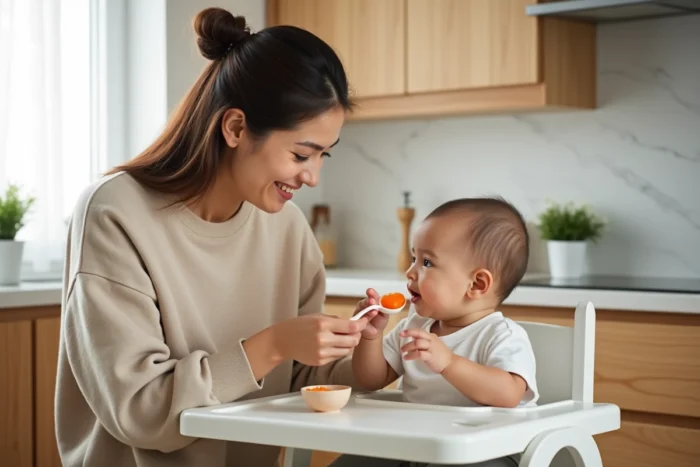 Mère offrant de la purée à son bébé de 7 mois qui refuse de manger dans une chaise haute blanche