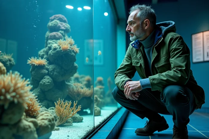 Biologiste marin observant des espèces hermaphrodites dans un grand aquarium scientifique