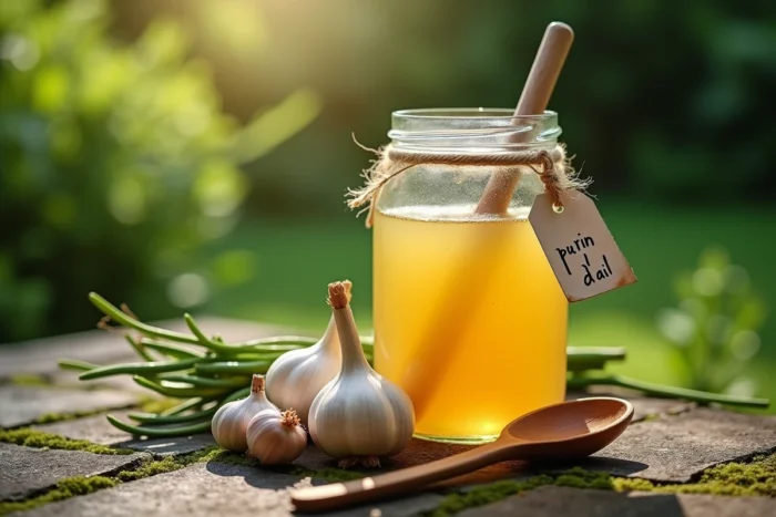 Bocal en verre de purin d'ail maison entouré de gousses d'ail fraîches sur une surface en pierre de jardin