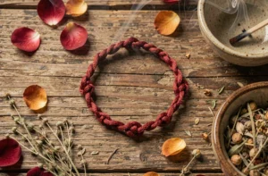 Bracelet fil rouge à 7 nœuds posé sur une surface en bois rustique avec des herbes séchées et un bol en céramique lors d'un rituel de protection