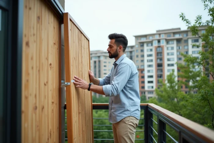 Homme posant un brise-vue en bambou sur un balcon pour masquer un vis-à-vis en hauteur depuis les immeubles voisins