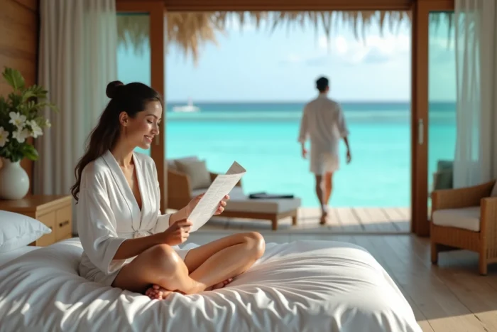Femme consulte un carnet de voyage de noces dans un bungalow sur l'eau au-dessus du lagon aux Maldives
