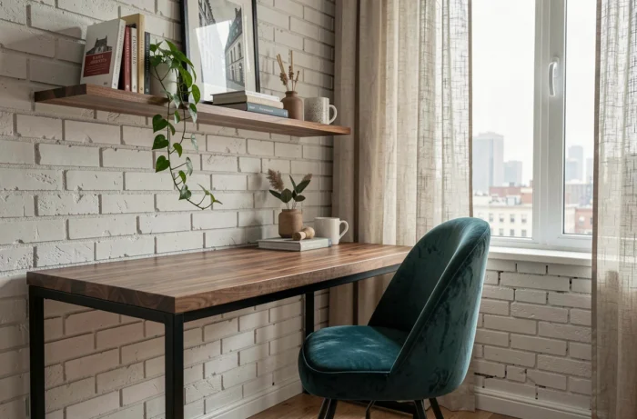 Coin bureau à domicile avec bureau en noyer, fauteuil ergonomique en velours sarcelle et étagères flottantes dans un appartement urbain aux murs en brique blanche