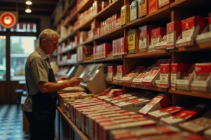 Intérieur d'un bureau de tabac français avec des packs de cigarettes sur les étagères et un buraliste derrière le comptoir