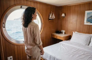 Femme admirant la vue depuis le hublot d'une cabine de ferry Corsica Ferries en Méditerranée