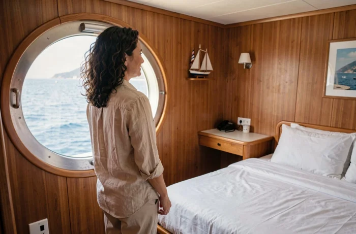 Femme admirant la vue depuis le hublot d'une cabine de ferry Corsica Ferries en Méditerranée