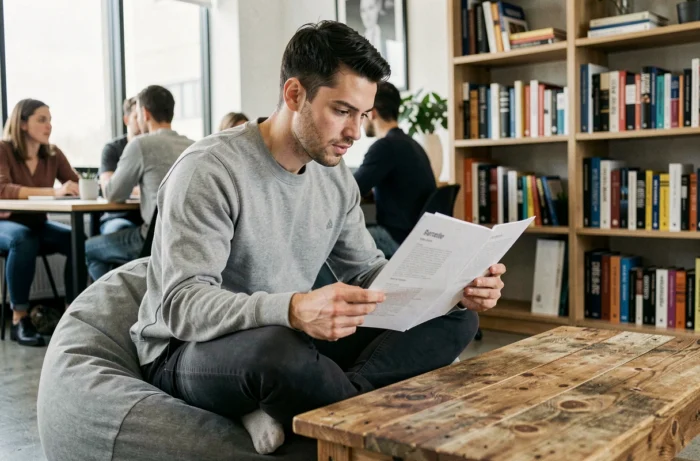 Jeune homme consultant son CV dans un espace lounge décontracté d'une startup moderne