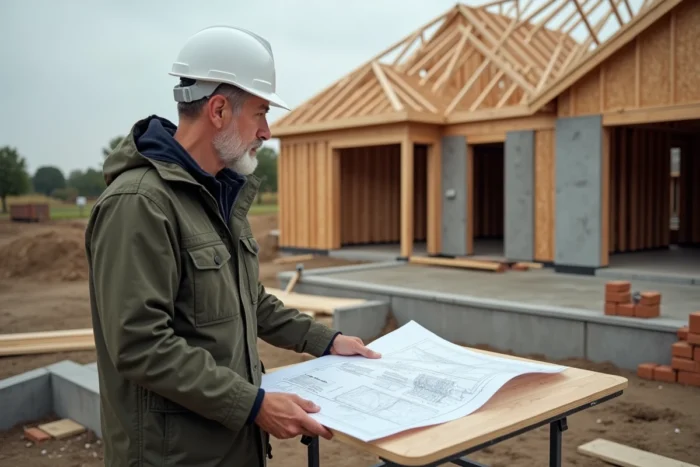Chef de chantier expérimenté supervisant la construction d'une maison individuelle en France