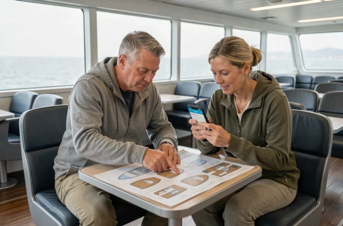 Couple consultant le plan des cabines d'un ferry Corsica Ferries dans le salon de bord