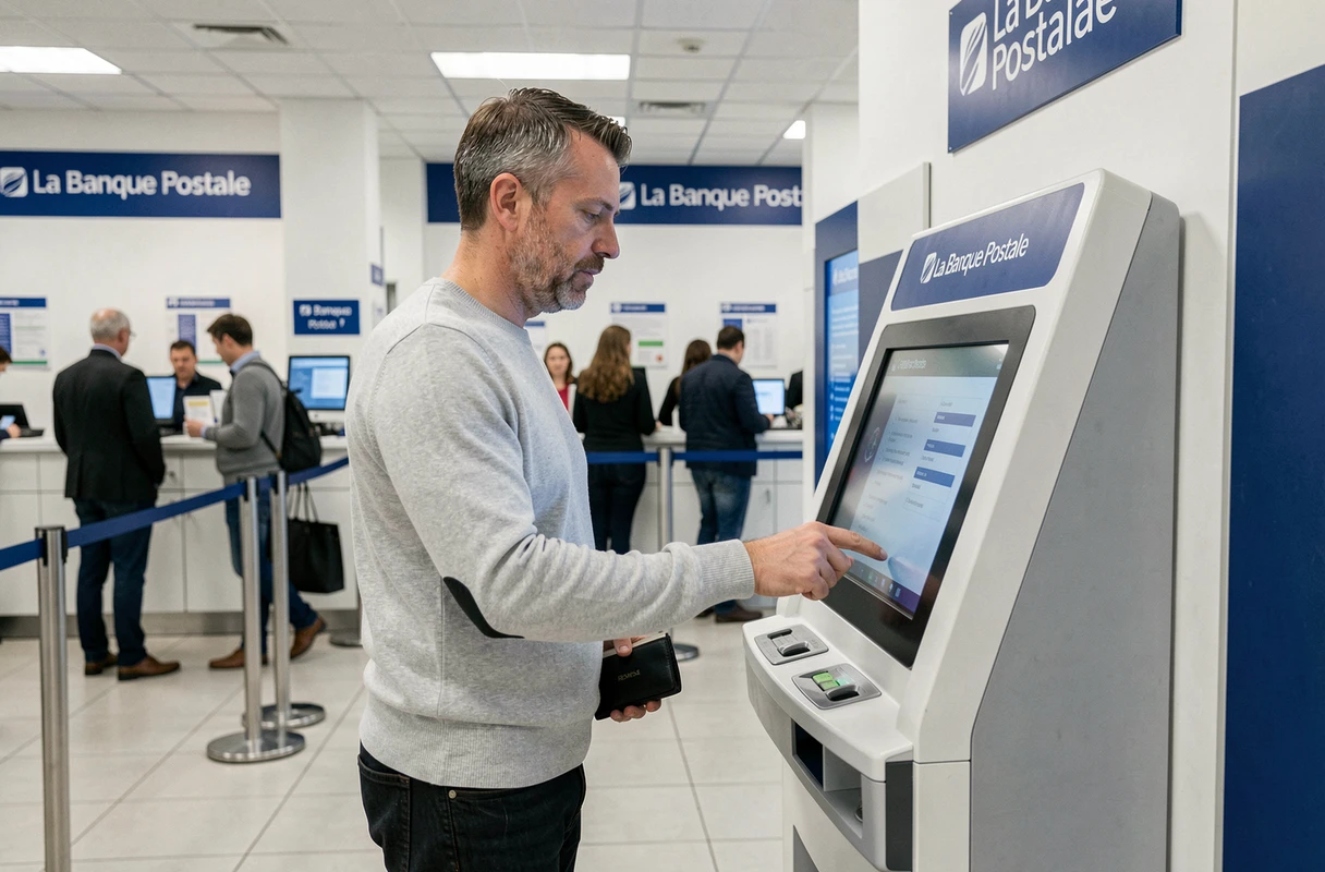Client masculin utilisant un borne de La Banque Postale pour vérifier le délai d'une opération bancaire en cours