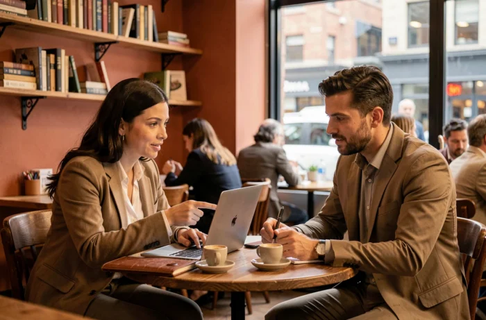 Deux professionnels collaborant sur une stratégie de développement de business en ligne dans un café urbain