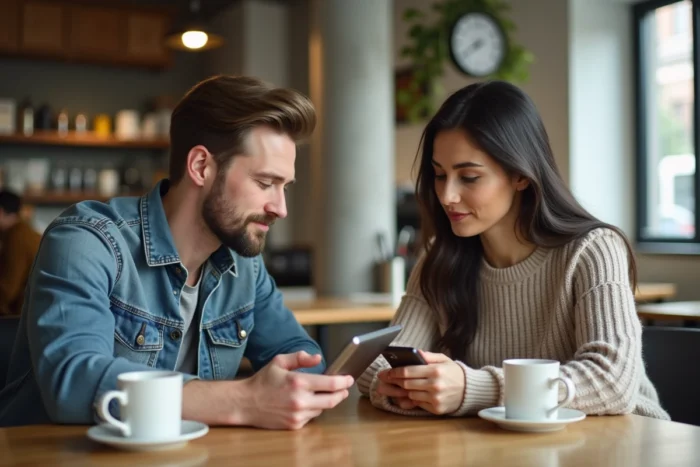 Deux jeunes professionnels recherchant des offres d'emploi ensemble dans un café moderne