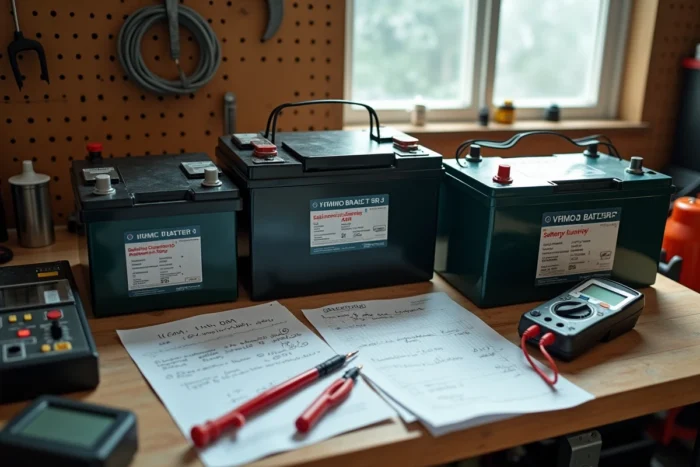 Comparaison de batteries AGM et lithium sur un établi d'atelier solaire avec multimètre et fiches techniques
