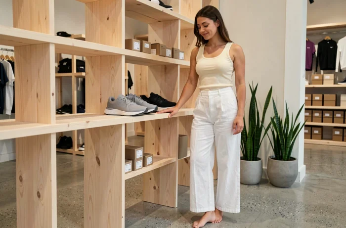 Femme comparant deux paires de chaussures de yoga dans une boutique de sport spécialisée devant un présentoir en bois clair