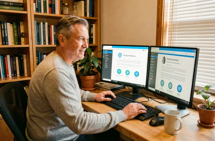 Homme travaillant depuis chez lui et gérant la confidentialité de ses données personnelles sur une plateforme en ligne