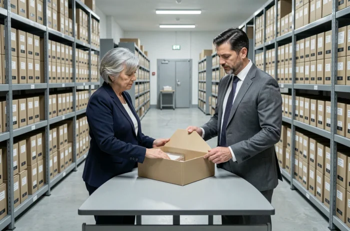 Deux professionnels consultant des archives dans une salle de conservation moderne équipée d'étagères compactes et de boîtes d'archivage