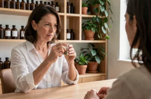 Femme consultant un naturopathe au sujet de remèdes homéopathiques pour limiter les effets secondaires du vaccin Covid