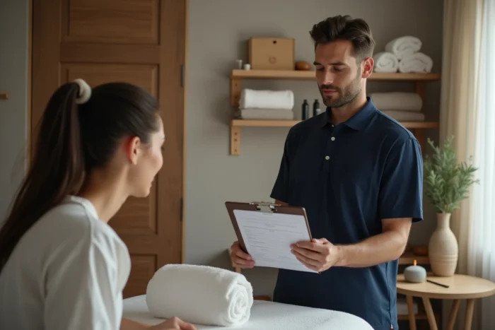 Thérapeute en massage discutant avec sa cliente des zones sensibles et contre-indications avant une séance de massage