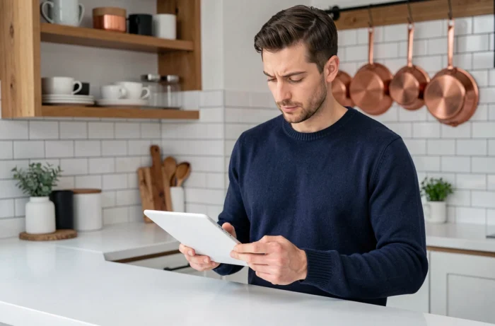 Homme dans une cuisine moderne rédigeant un message sur son smartphone pour contacter un blog de décoration
