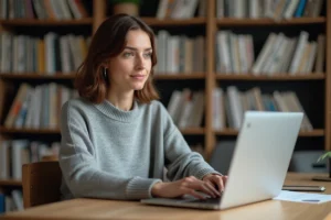 Femme assise à un bureau en bois tapant un email à une équipe rédactionnelle sur son ordinateur portable