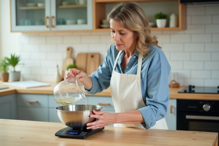 Femme versant un litre de liquide dans une balance de cuisine pour convertir les litres en kilogrammes