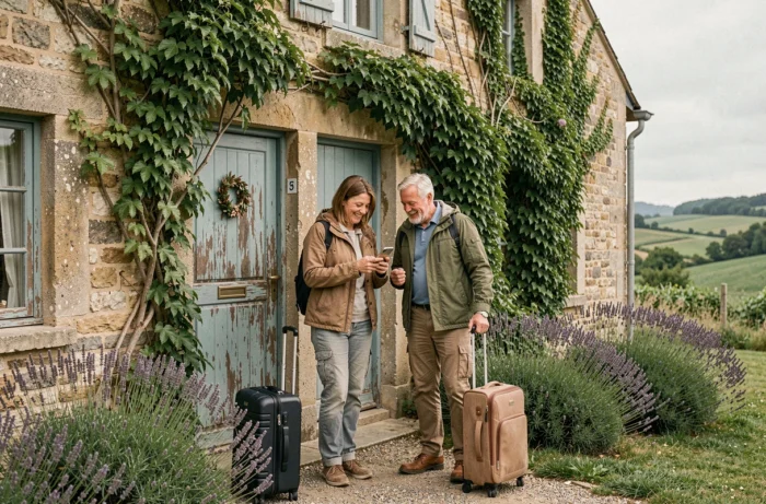 Couple arrivant à une location de vacances Abritel dans une maison en pierre à la campagne française