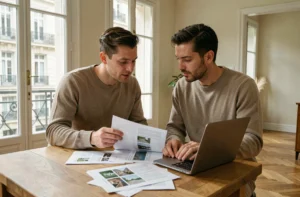 Couple étudiant des annonces immobilières dans un appartement lyonnais pour estimer leur budget de location