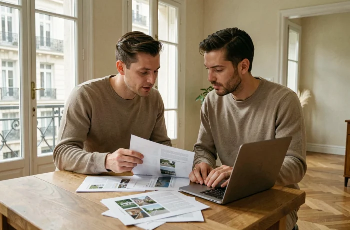 Couple étudiant des annonces immobilières dans un appartement lyonnais pour estimer leur budget de location