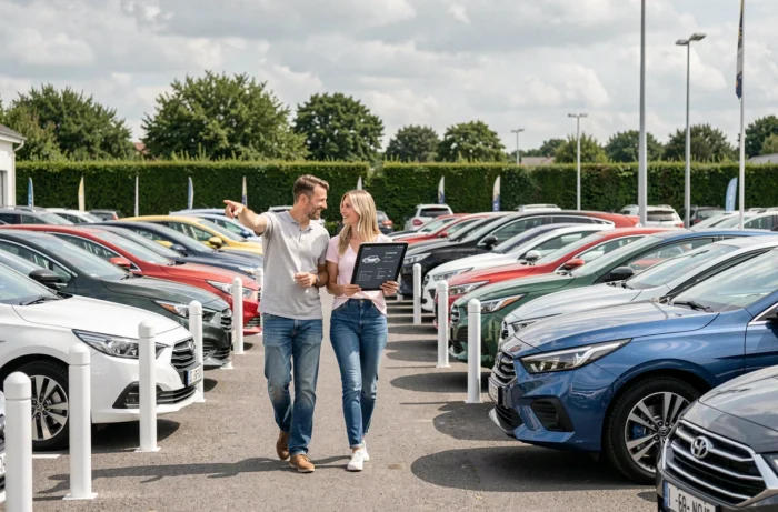 Couple en train de choisir une voiture parmi une large sélection de modèles récents chez un concessionnaire
