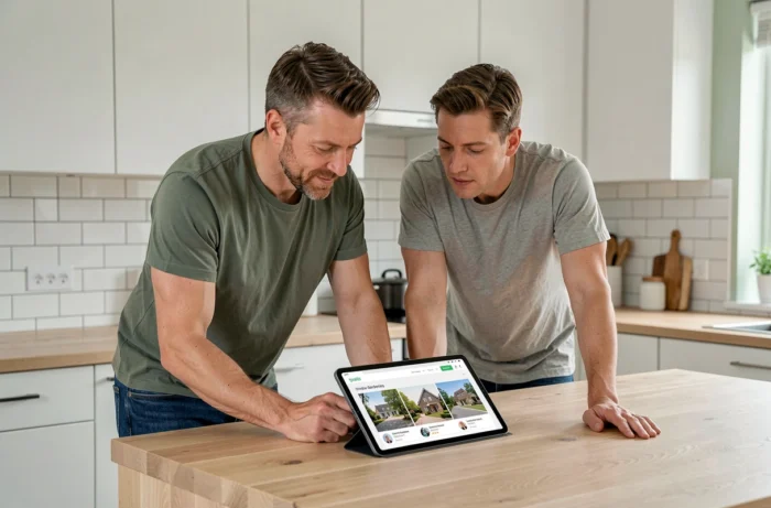Couple consultant des annonces immobilières sur une tablette dans une cuisine moderne