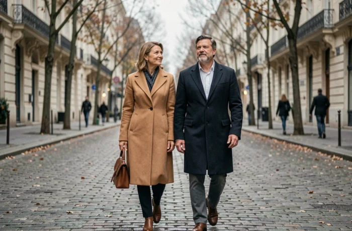 Couple discret et élégant se promenant dans une rue pavée parisienne en automne, tenues sophistiquées, atmosphère complice et intimiste