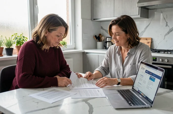 Couple de femmes consultant des documents juridiques liés au régime de l'indivision dans le cadre d'un PACS