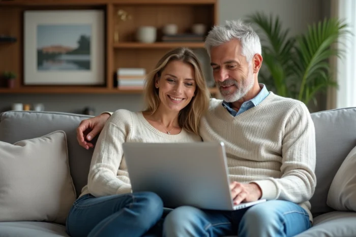 Couple gérant leurs démarches immobilières et d'assurance sur ordinateur portable depuis leur salon